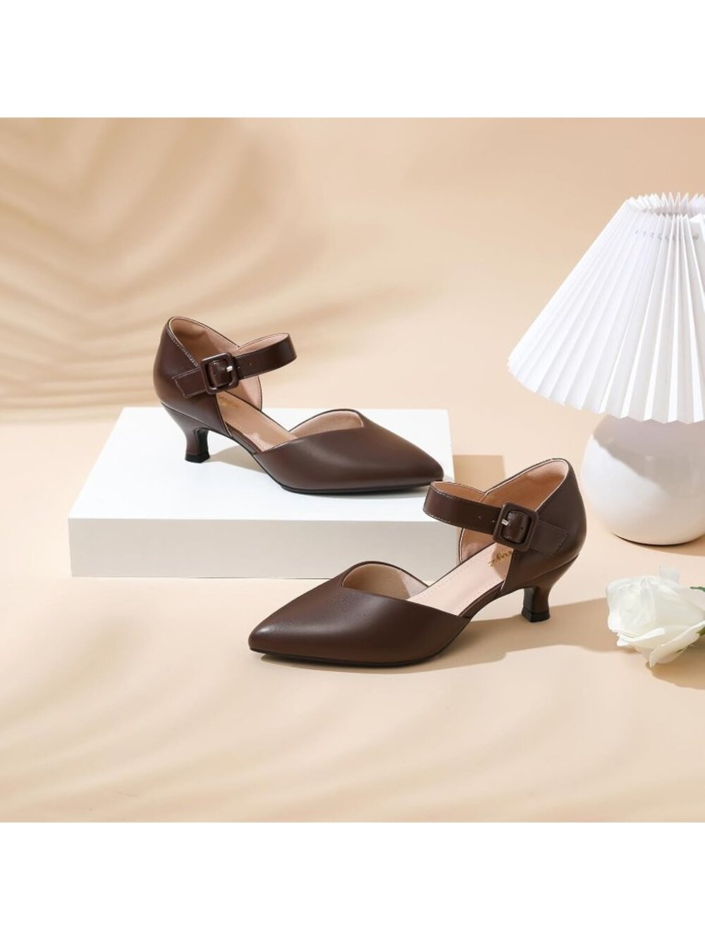 Women's Brown Closed Pointed Toe Ankle Strap Buckle Heels Slip on Low Heel Shoes - Picture 3 of 6
